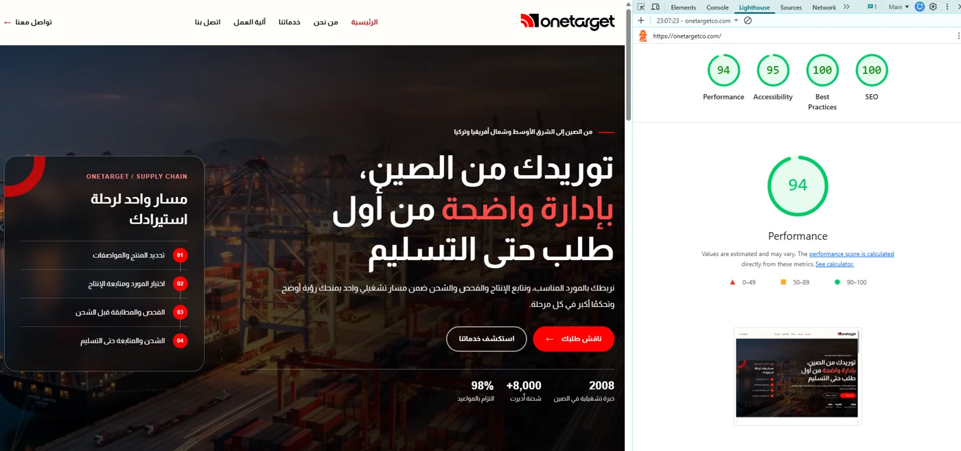 Onetarget website and Lighthouse audit: performance 94, accessibility 95, best practices 100, SEO 100
