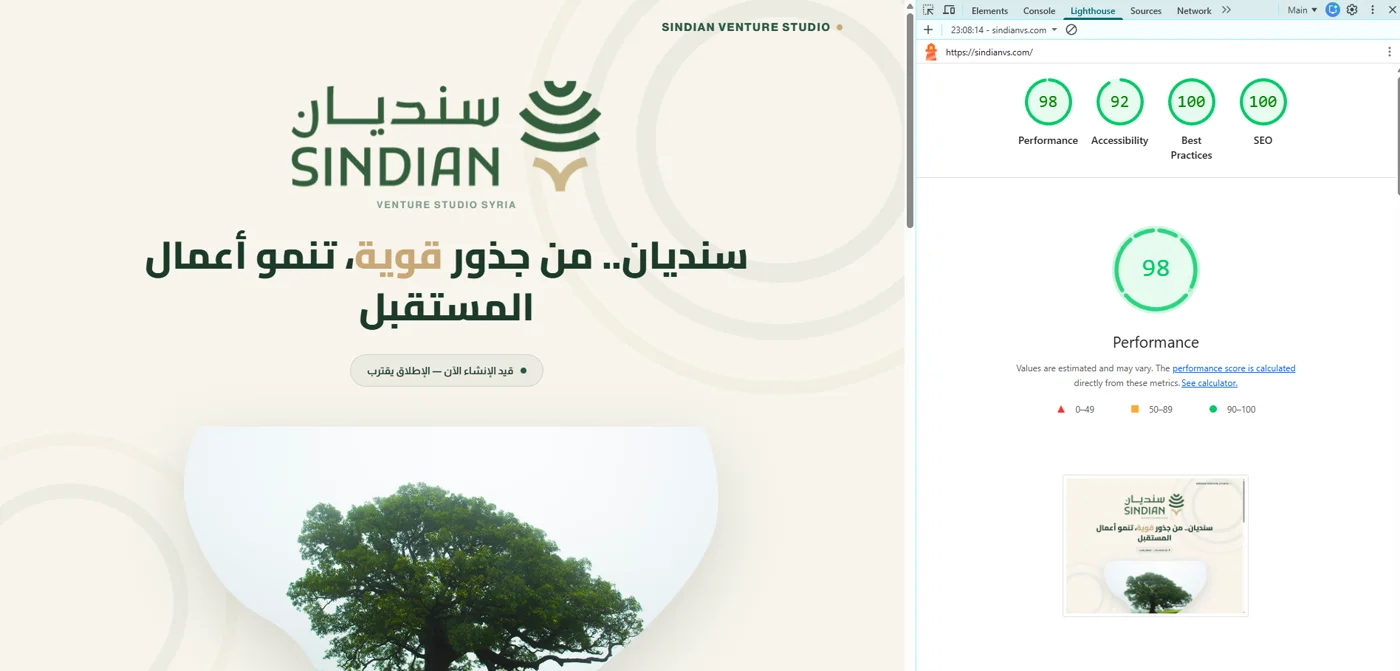 Sindian Venture Studio website and Lighthouse audit: performance 98, accessibility 92, best practices 100, SEO 100